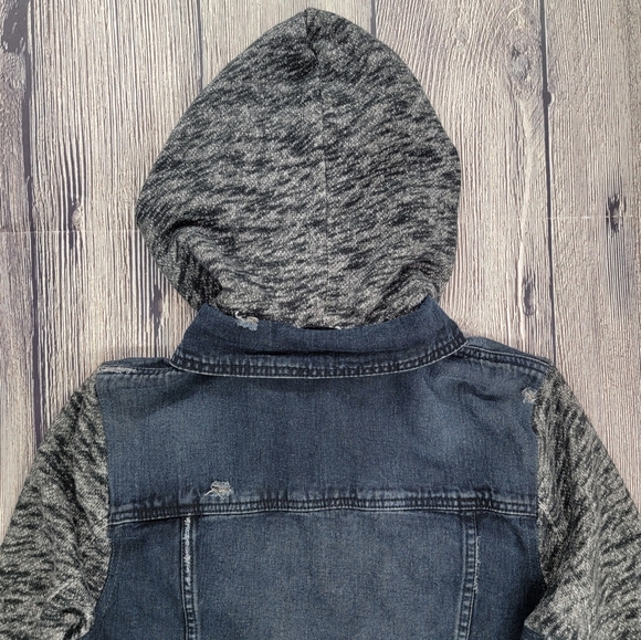 Free People Distressed Denim Jacket With Knit Sleeves and Hood - Picture 8 of 11